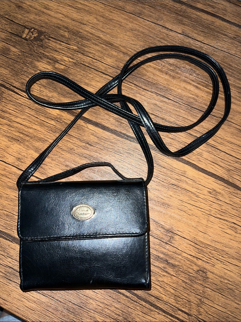 Vintage Black Leather Crossbody Wallet with Gold Logo Plaque and Handle- OS